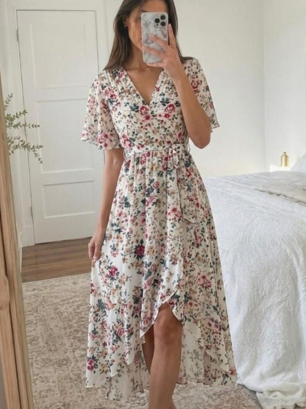 Floral Wrap Midi Dress in Cream with Pink & Green Accents